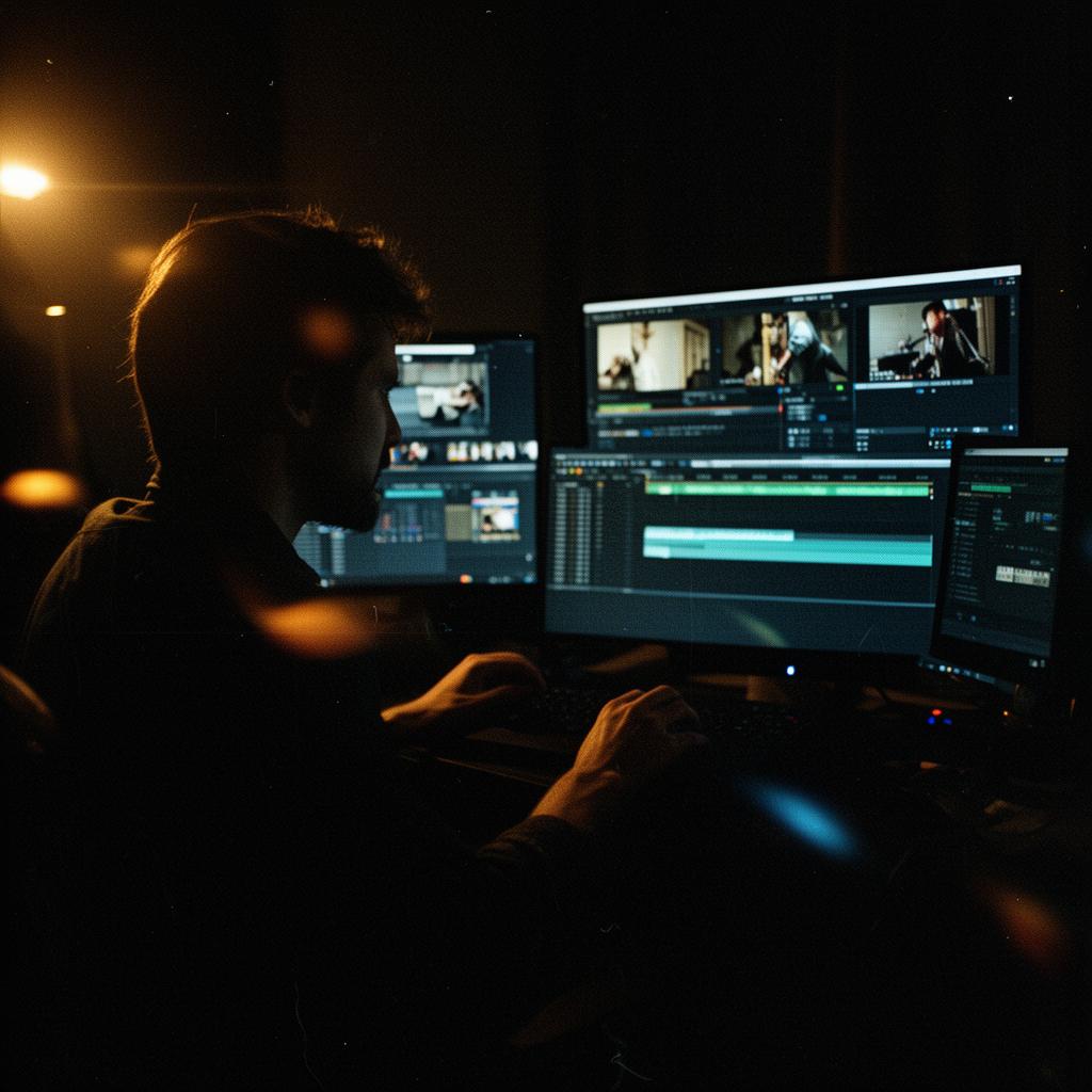 Editor at work in a dark studio
